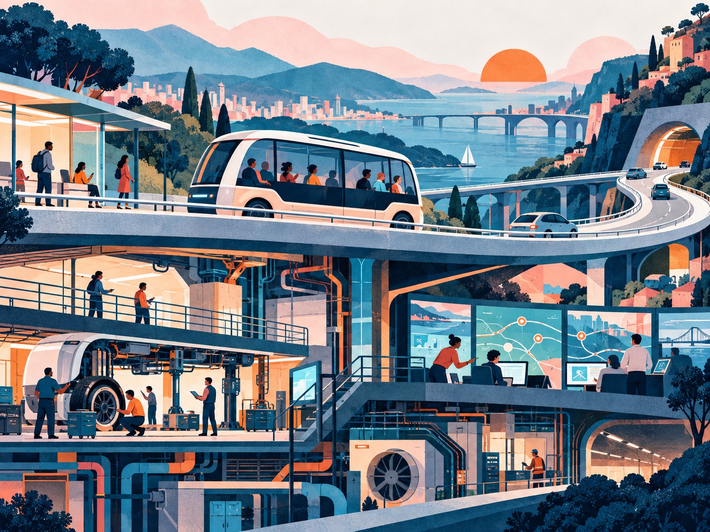 Ilustração de uma jornada em movimento conectada à infraestrutura e às equipes que projetam e operam o serviço