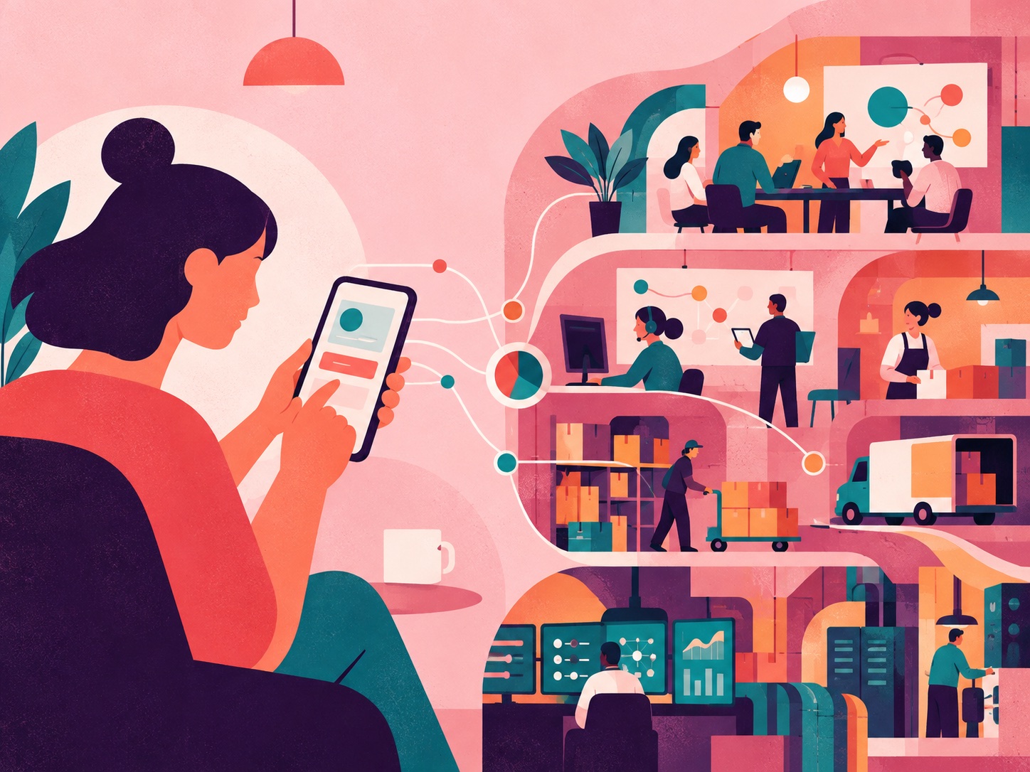 Ilustração comparando uma interface digital com as pessoas e operações que sustentam o serviço
