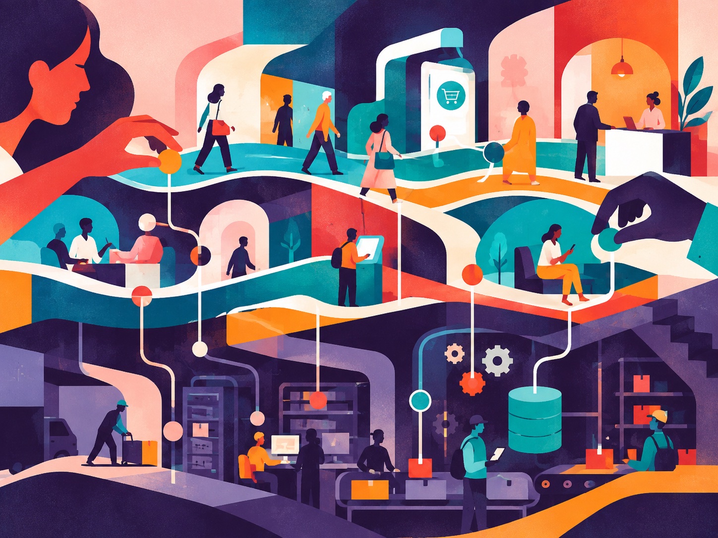 Ilustração de pessoas, jornadas, pontos de contato e operações conectadas em um sistema de serviço