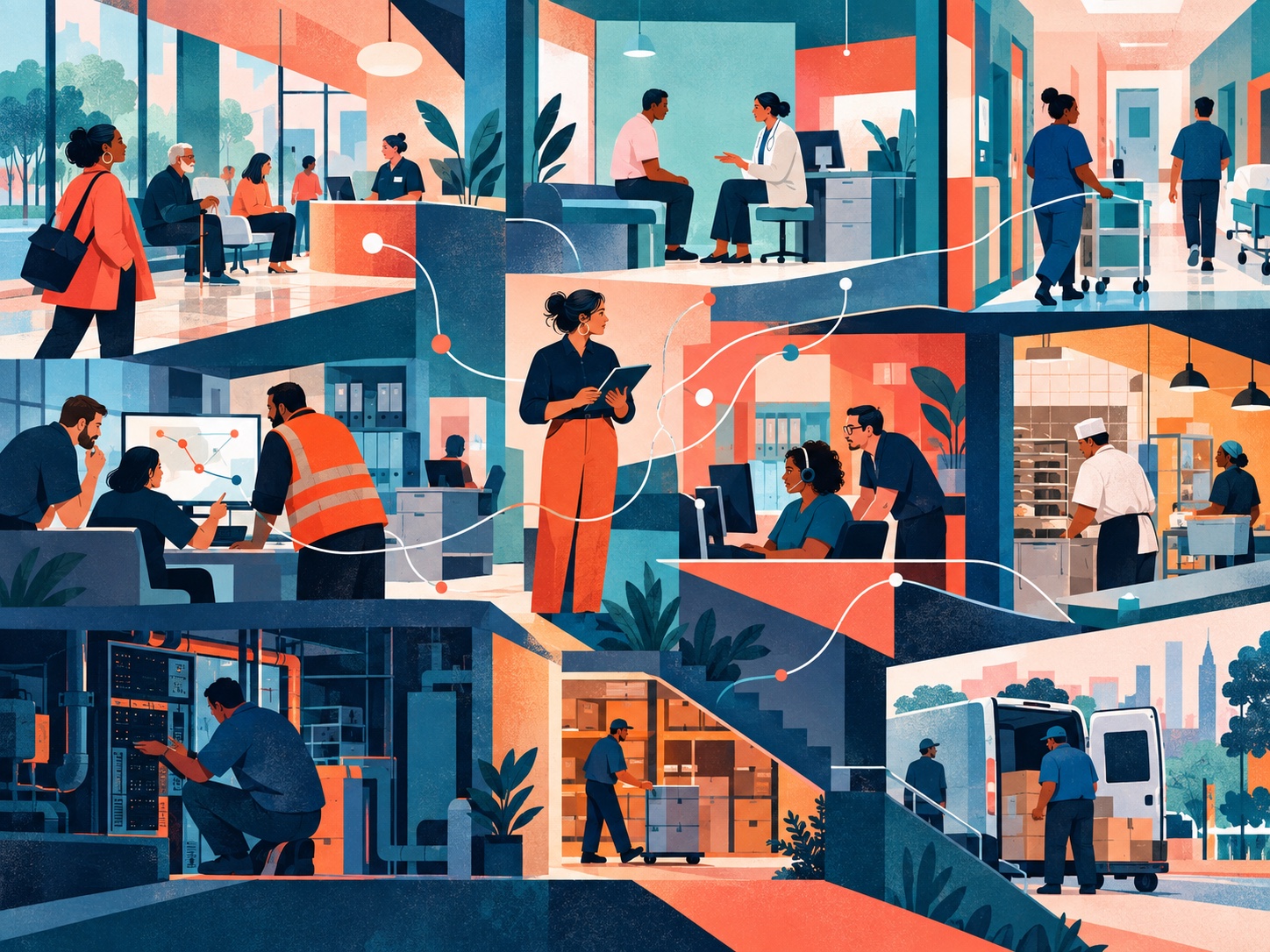 Illustration of a service designer investigating connections among customers, teams, systems, and operations