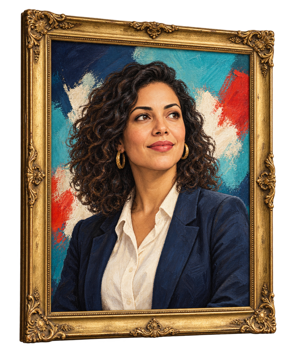 Moldura barroca retangular dourada com retrato profissional ilustrado